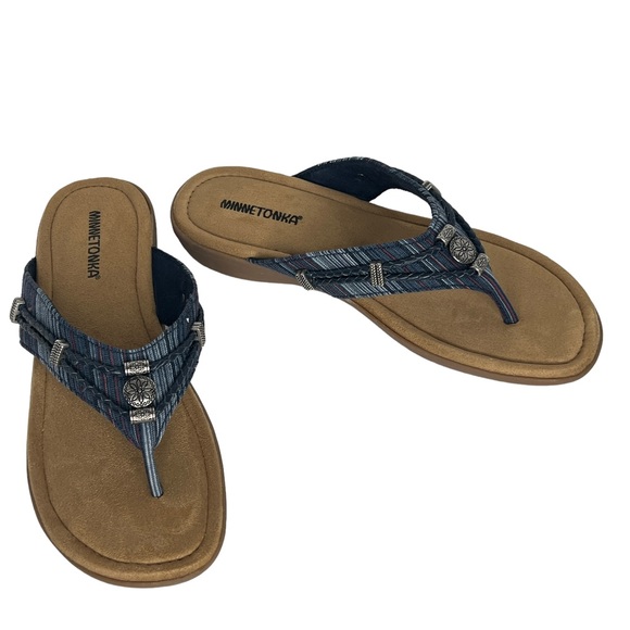 Minnetonka Blue Silverthorne Thong Slide Fabric And Leather Sandals Size 10M - Picture 13 of 14